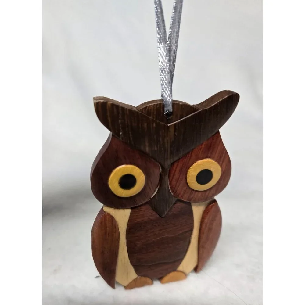 Handcrafted Wooden Owl Ornament With Ribbon Hanger 4 in‎ X 3 in